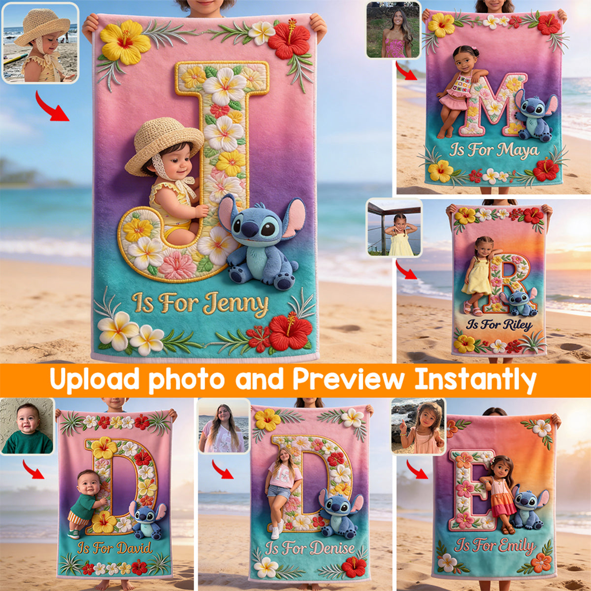 Custom Alphabet And Photo - Personalized Ohana Quick-dry Beach Towel/ Bath Towel