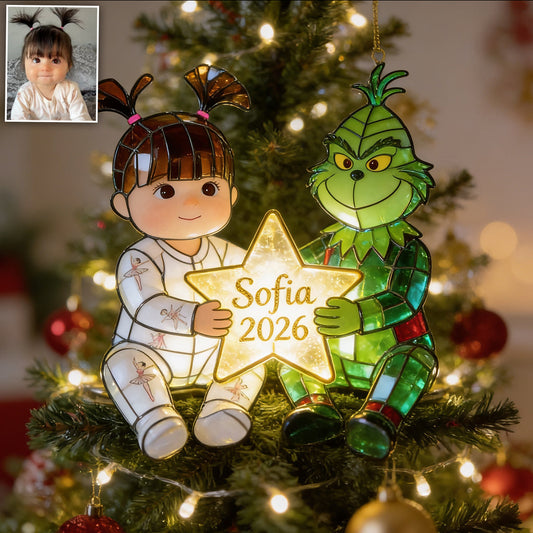 Kid And Green Christmas Character - Personalized Stole Christmas LED Light Tree Topper