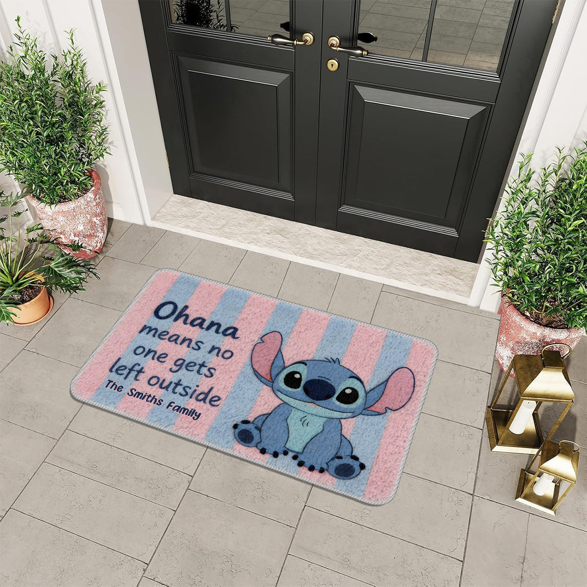 No One Gets Left Outside Pastel Pink Blue Stripes - Personalized Ohana Non-Slip Tufted Rug