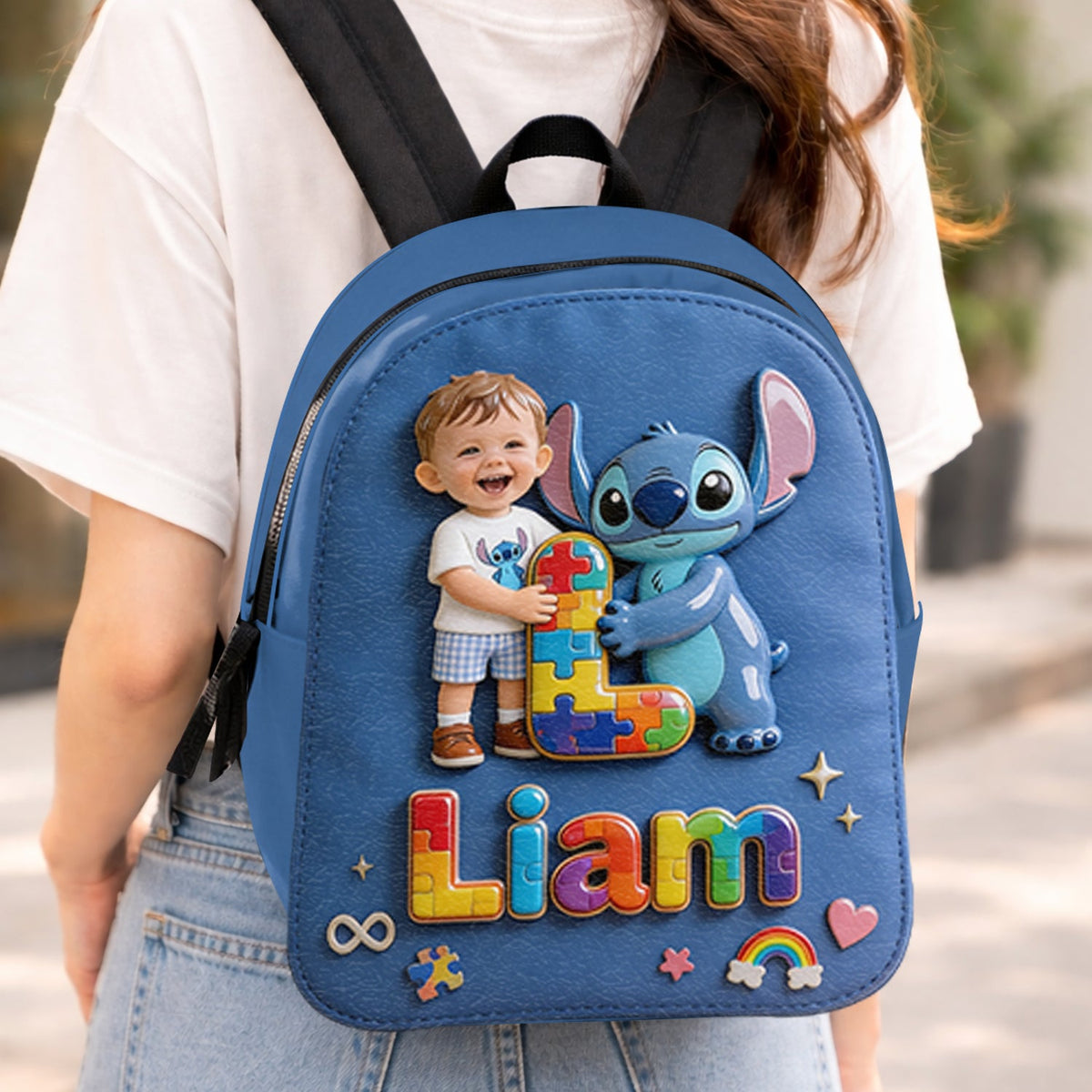 Autism Support Cartoon Puzzle Toy - Personalized Autism Awareness Changeable Leather Patch Backpack