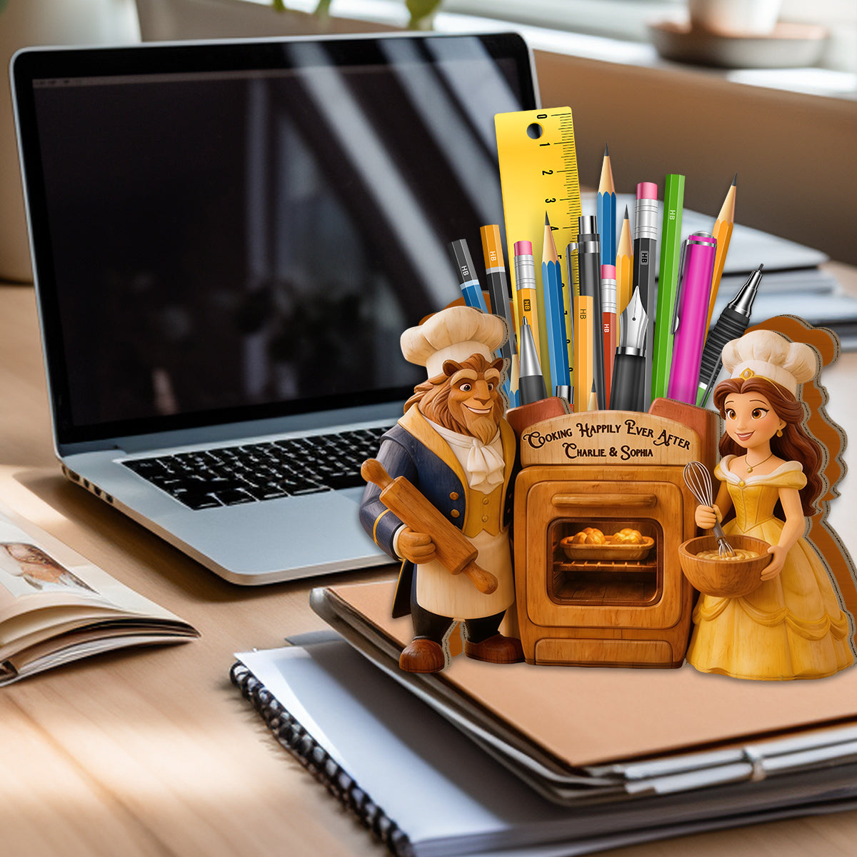 Beauty The Beast, Love At First Bite - Personalized Beauty And The Beast Wooden Desk Organizer