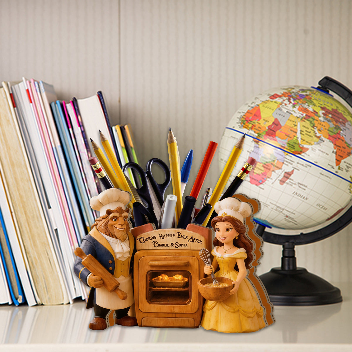 Beauty The Beast, Love At First Bite - Personalized Beauty And The Beast Wooden Desk Organizer
