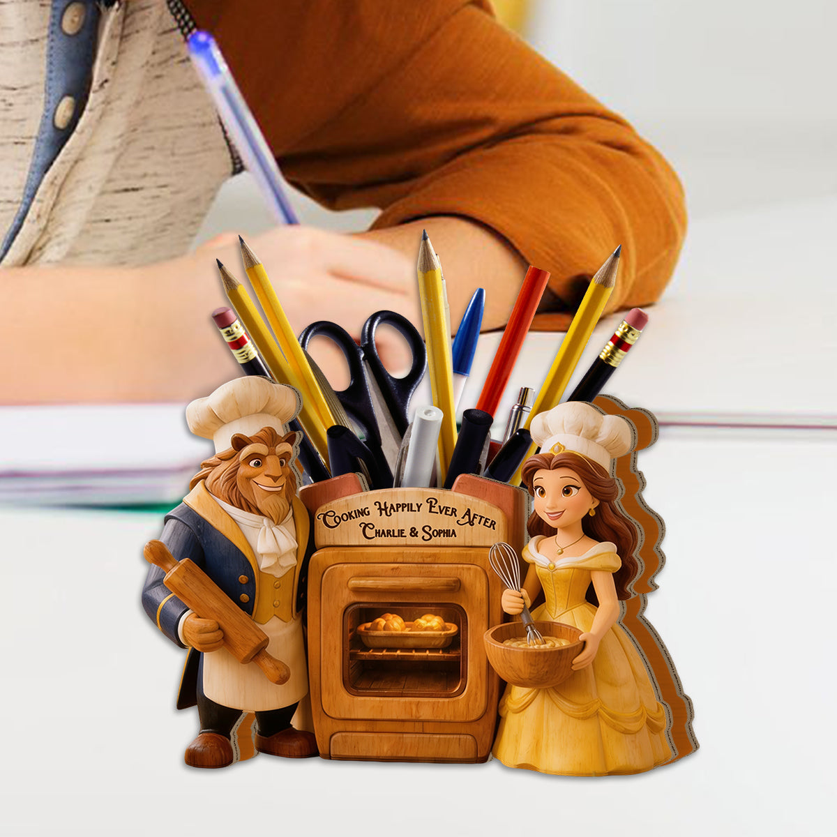 Beauty The Beast, Love At First Bite - Personalized Beauty And The Beast Wooden Desk Organizer
