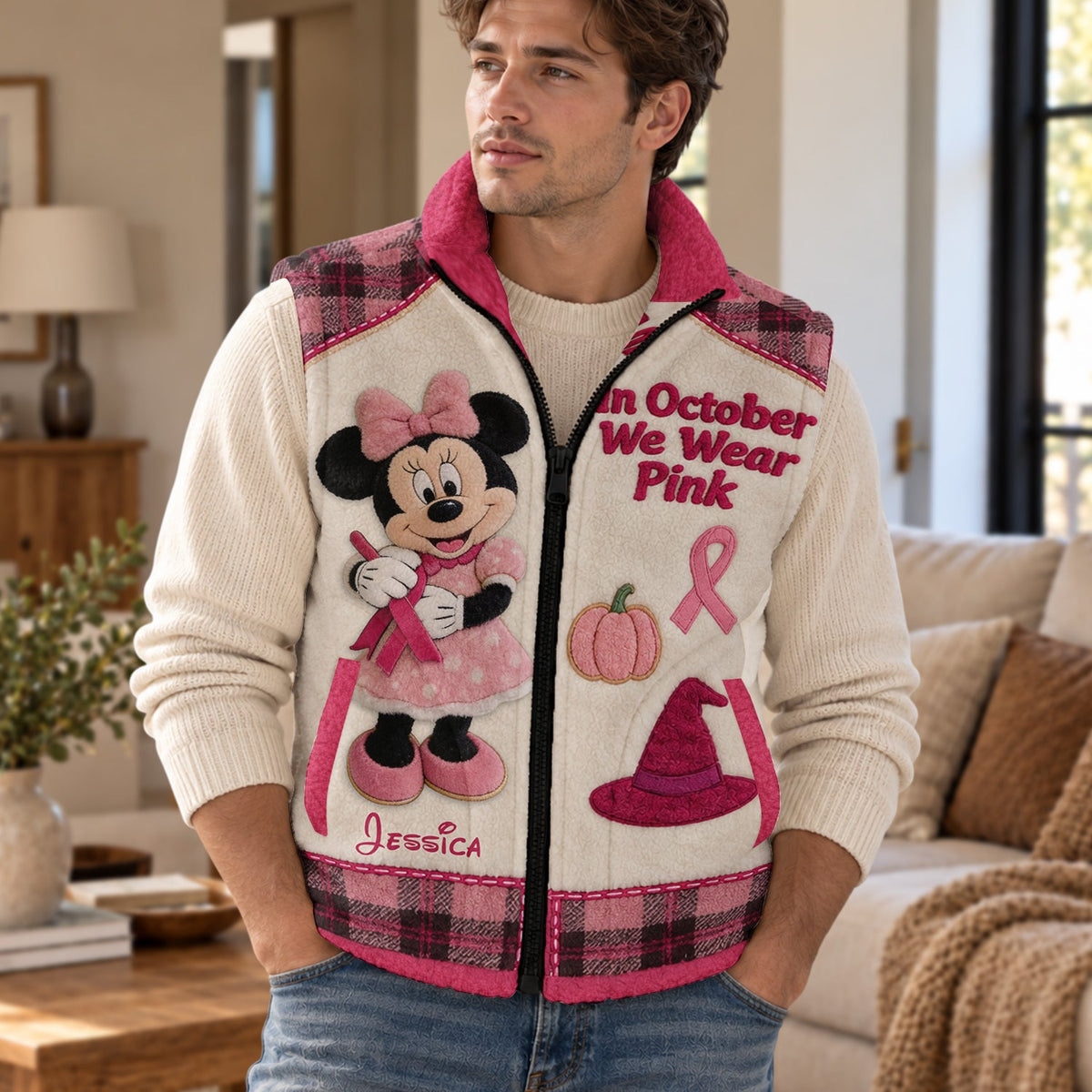 In October We Wear Pink - Personalized Breast Cancer Awareness Flannel Fleece Vest