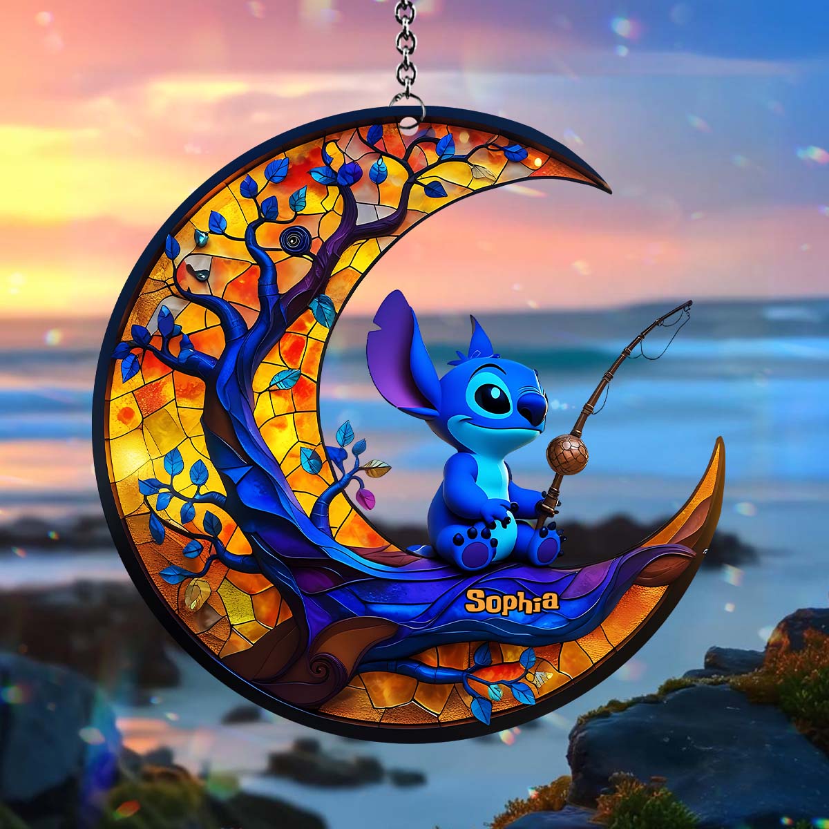 Monster Fishing on The Moon - Personalized Ohana Window Hanging Suncatcher Ornament