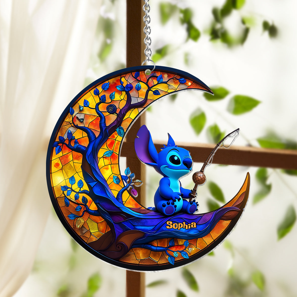 Monster Fishing on The Moon - Personalized Ohana Window Hanging Suncatcher Ornament