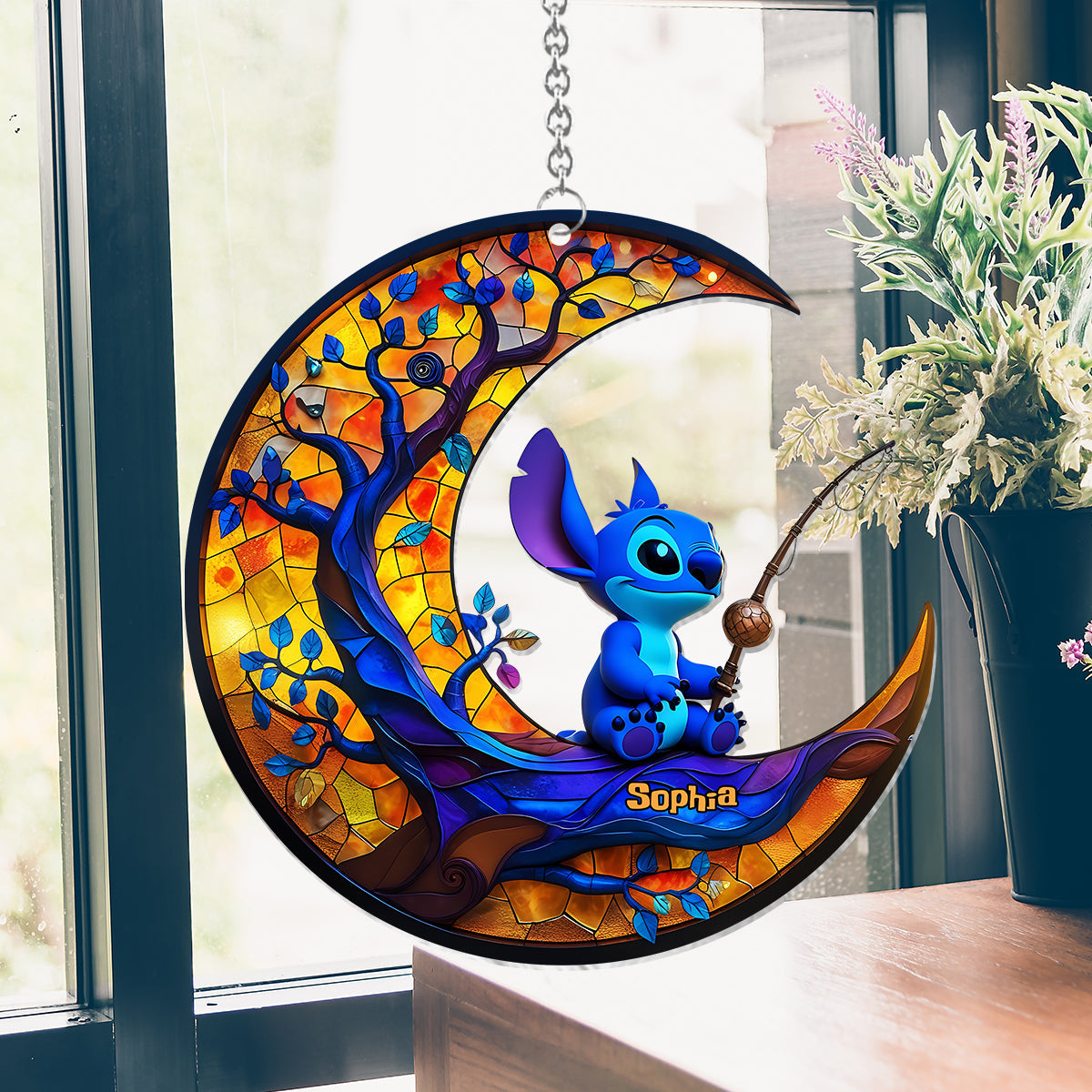 Monster Fishing on The Moon - Personalized Ohana Window Hanging Suncatcher Ornament