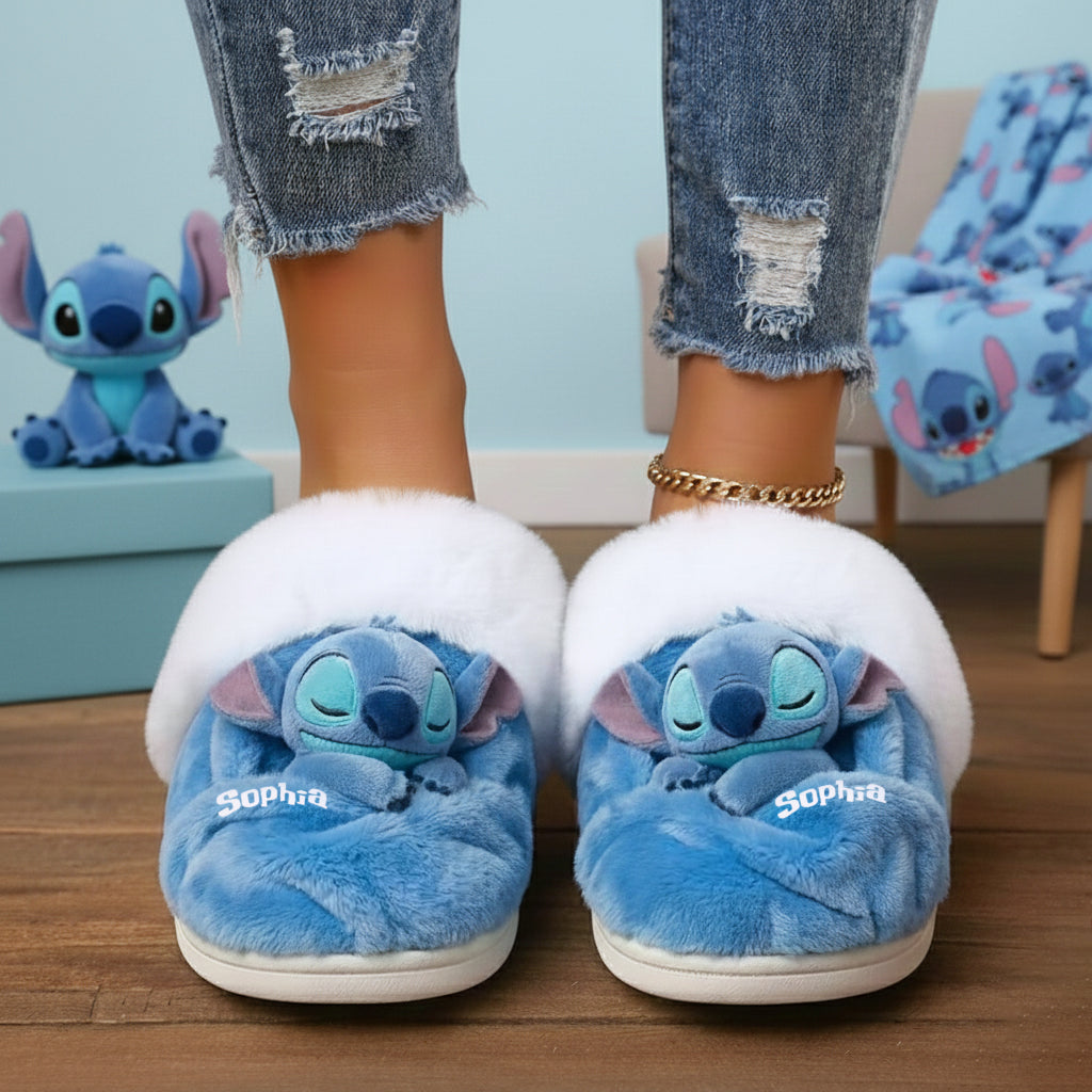 Sleeping Blue Ohana - Personalized Ohana Slippers With Fur Lining