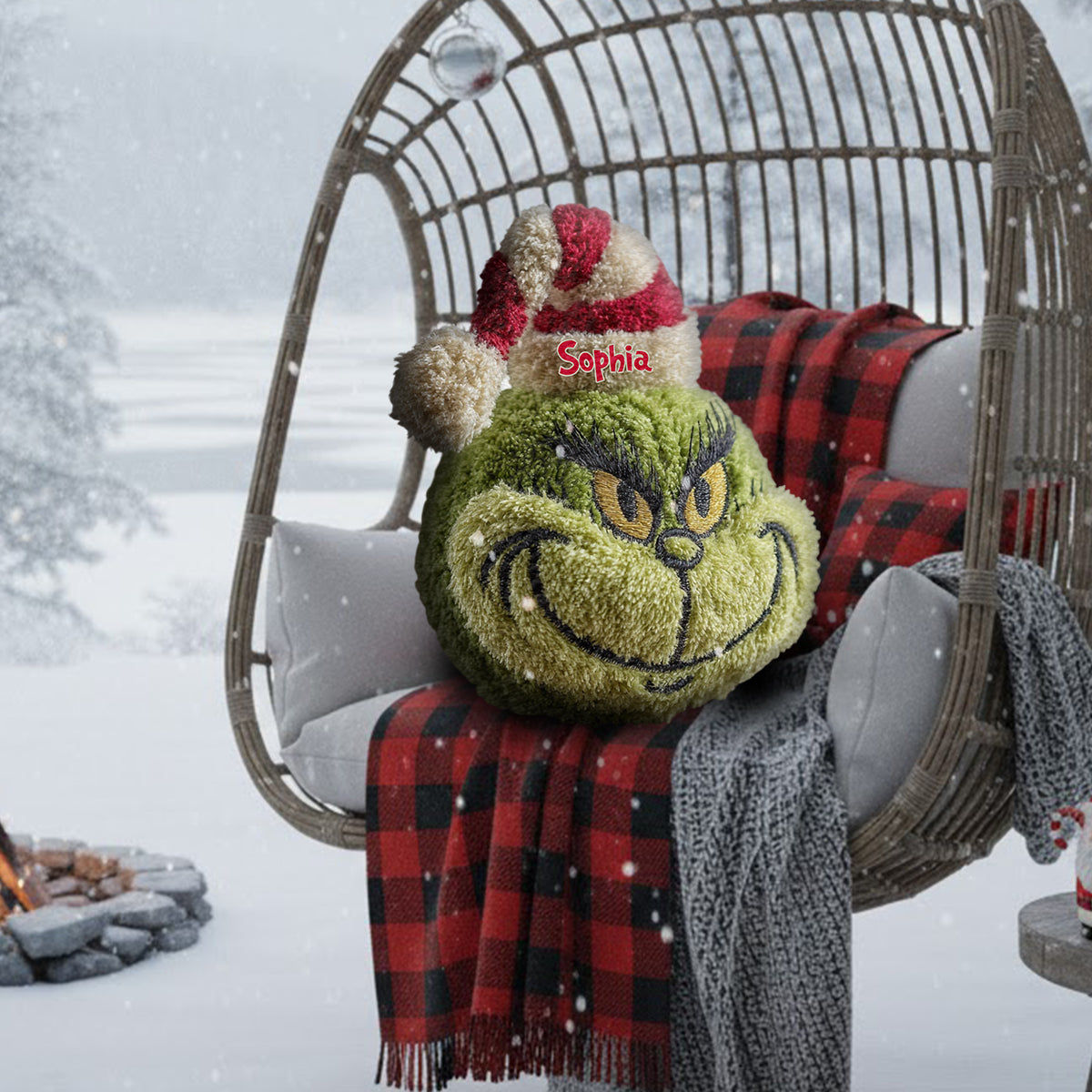 Any Name Green Monster Christmas Gift - Personalized Stole Christmas Faux Fur Shaped Pillow