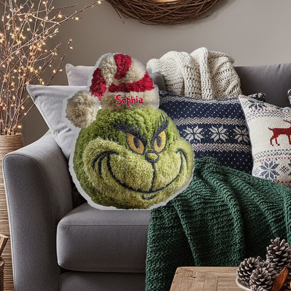 Any Name Green Monster Christmas Gift - Personalized Stole Christmas Shaped Pillow