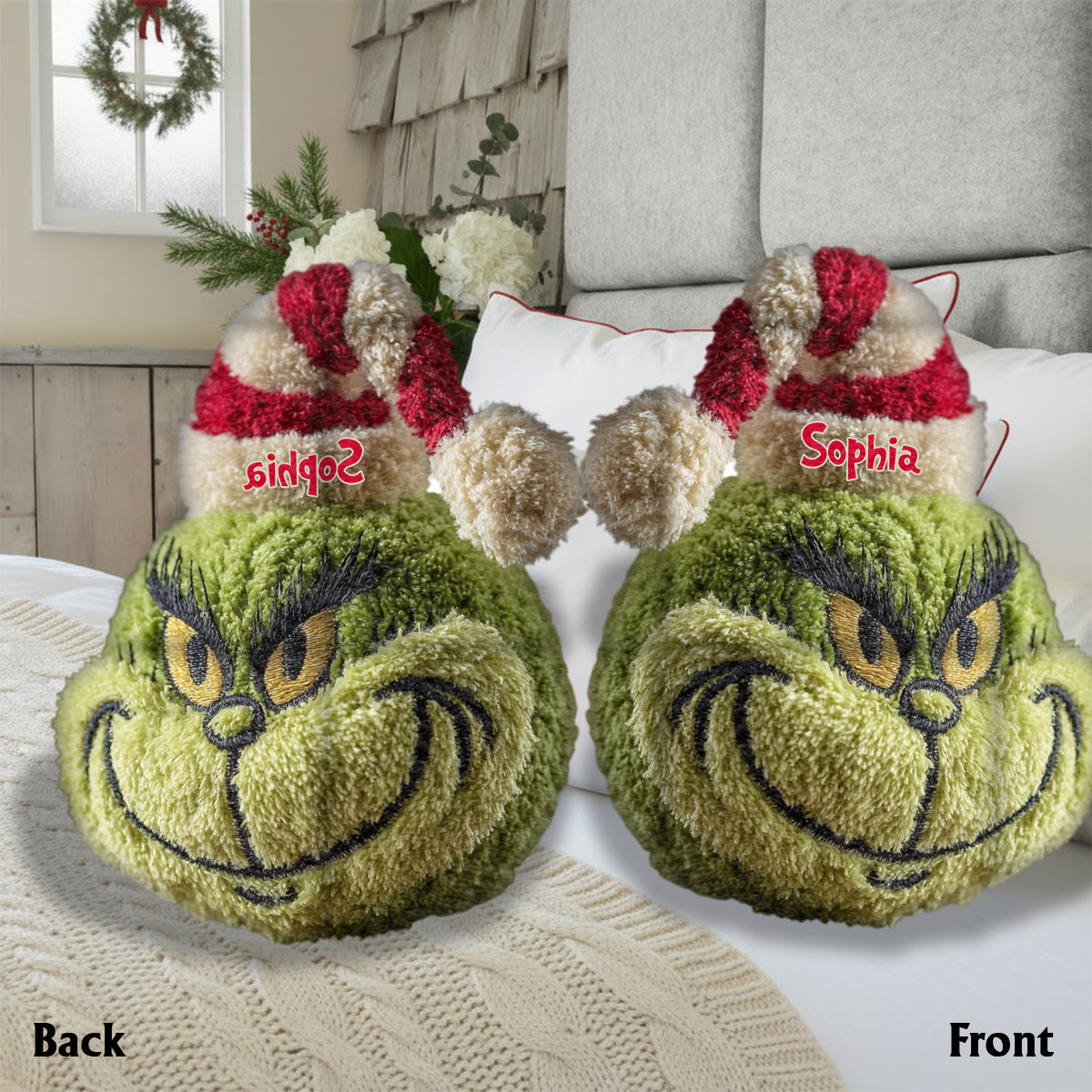 Any Name Green Monster Christmas Gift - Personalized Stole Christmas Shaped Pillow