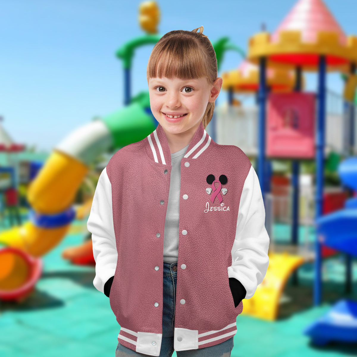 No One Fights Alone Mouse Ears Pink Ribbon - Personalized Breast Cancer Awareness Varsity Jacket