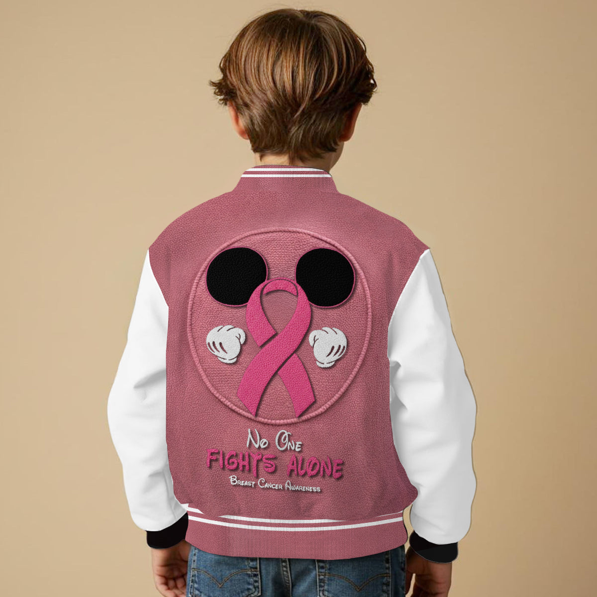 No One Fights Alone Mouse Ears Pink Ribbon - Personalized Breast Cancer Awareness Varsity Jacket