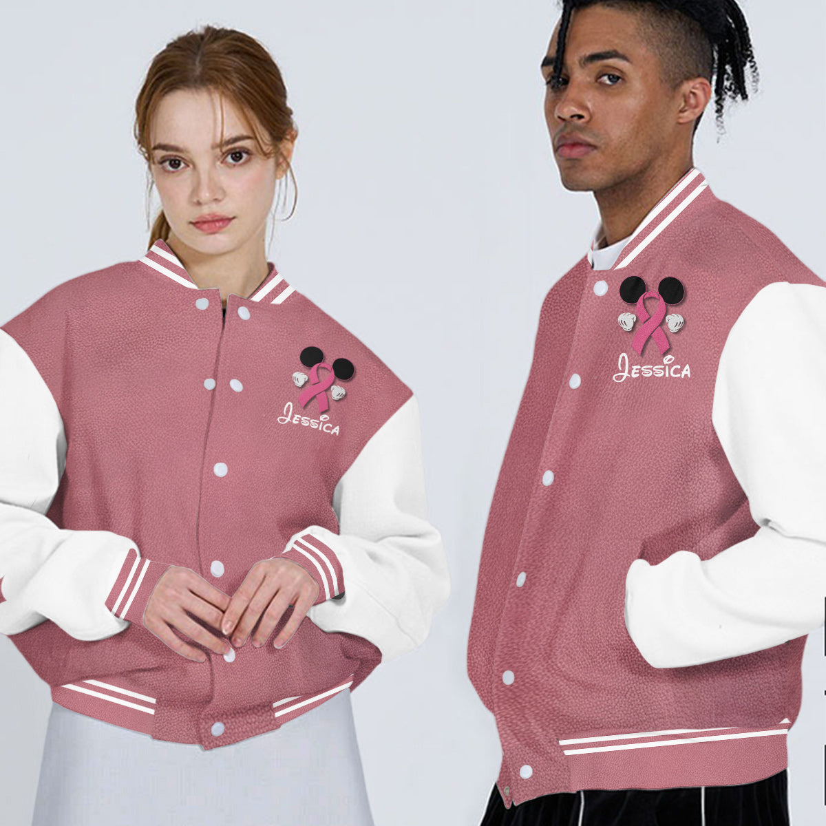 No One Fights Alone Mouse Ears Pink Ribbon - Personalized Breast Cancer Awareness Varsity Jacket