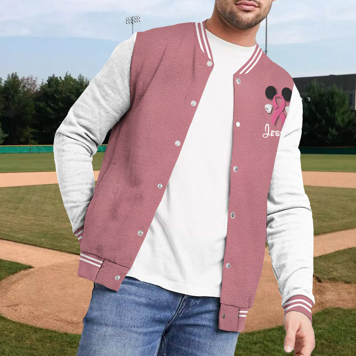 No One Fights Alone Mouse Ears Pink Ribbon - Personalized Breast Cancer Awareness Varsity Jacket