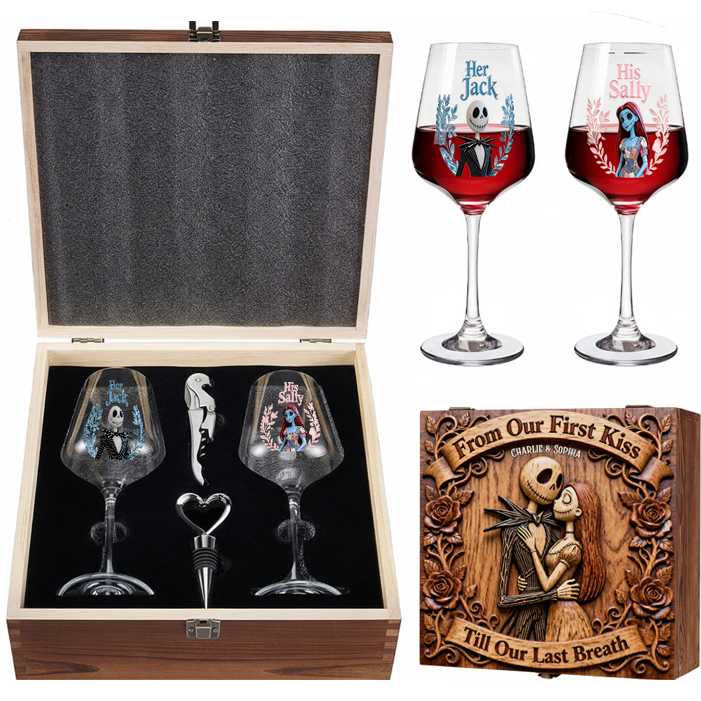 From Our First Kiss - Personalized Nightmare Wine Glasses Set With Wooden Box