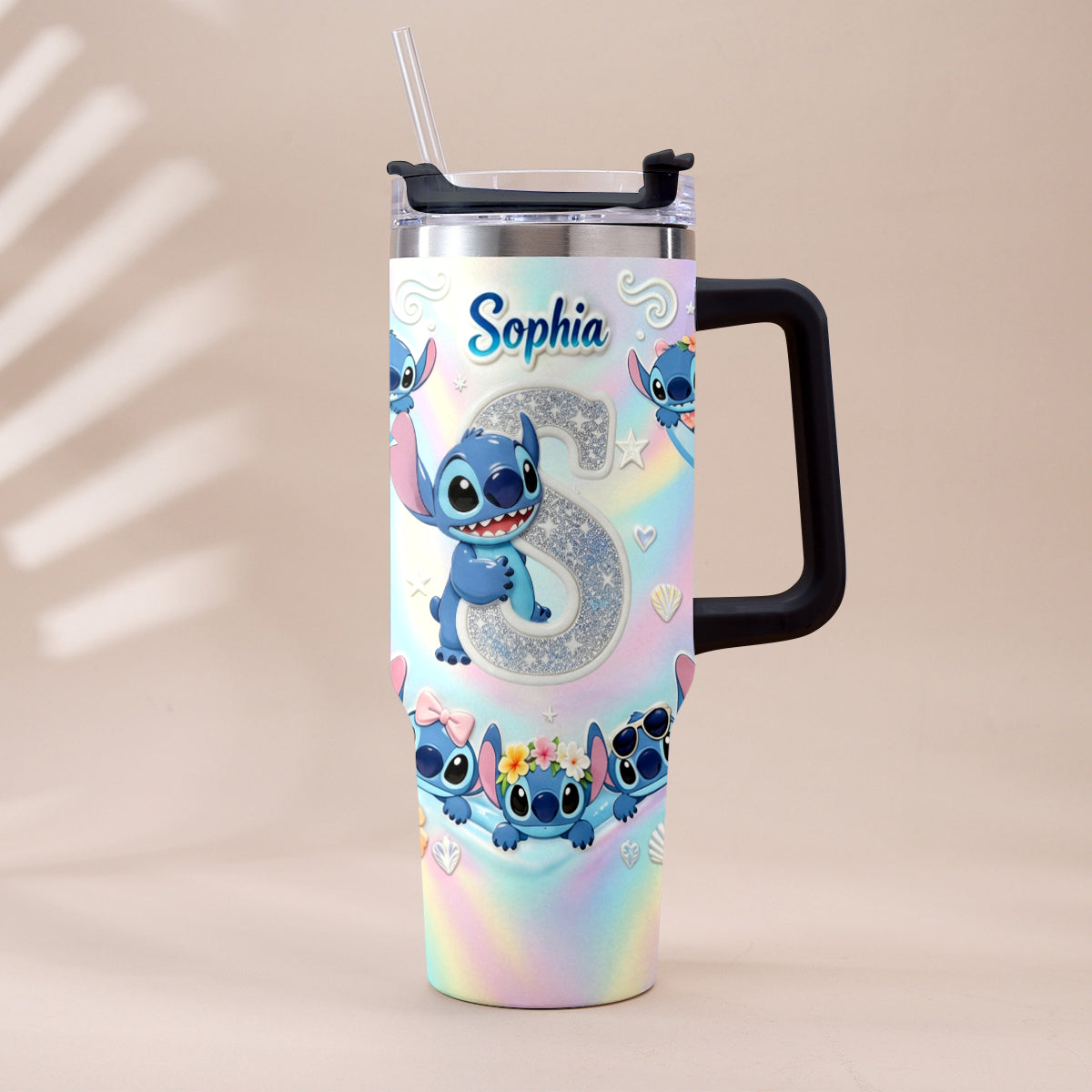 Cute Blue Alien With Letter - Personalized Ohana Tumbler With Plush Charm
