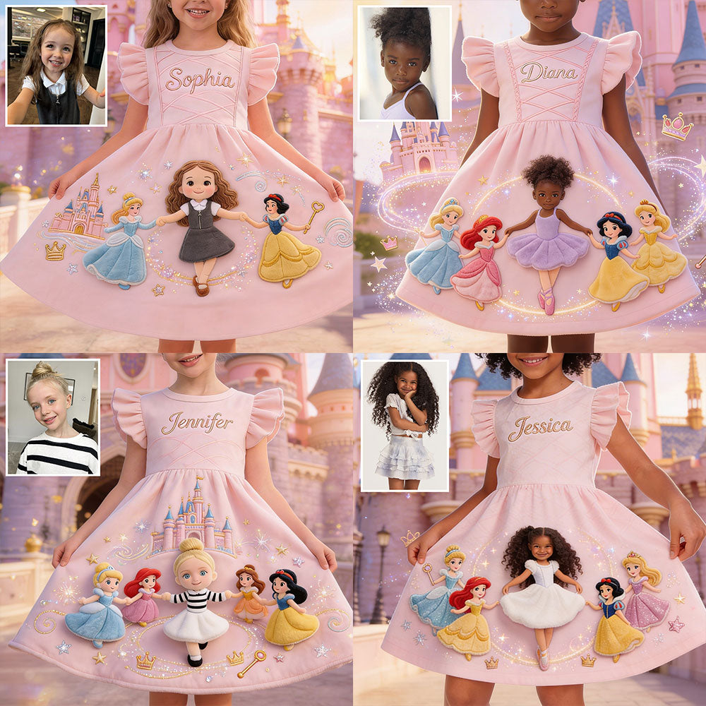 Magical Princess Friends - Personalized Beautiful Princess Kid Ruffle Sleeve Dress