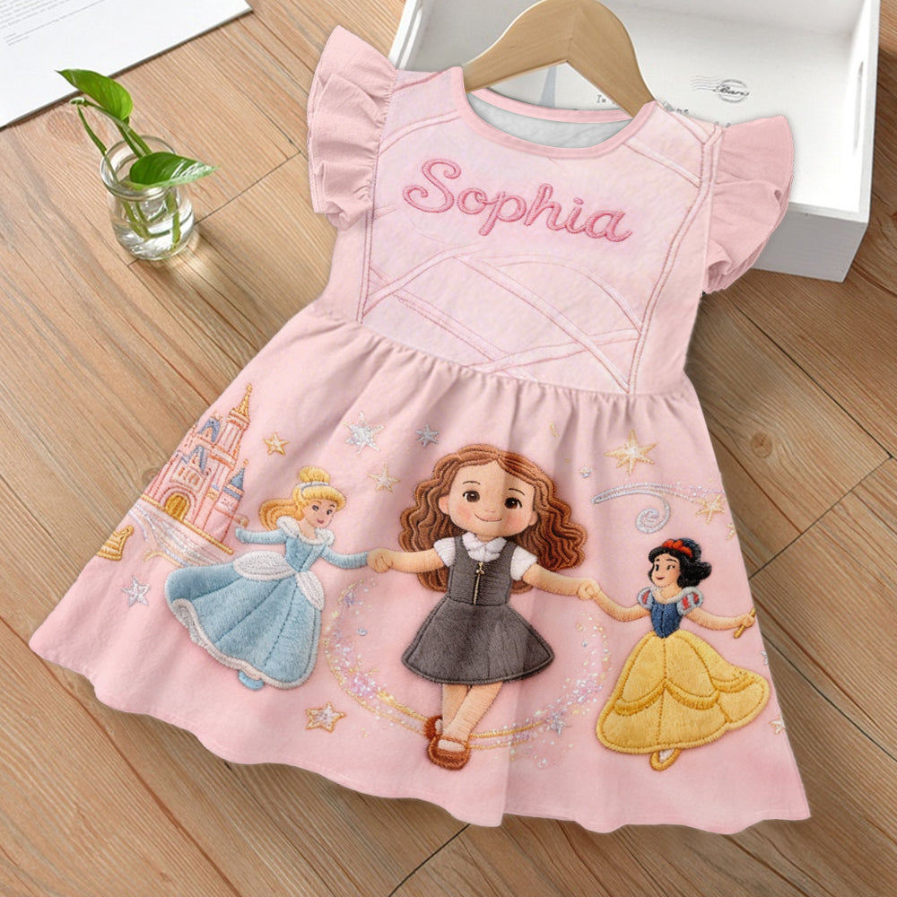 Magical Princess Friends - Personalized Beautiful Princess Kid Ruffle Sleeve Dress