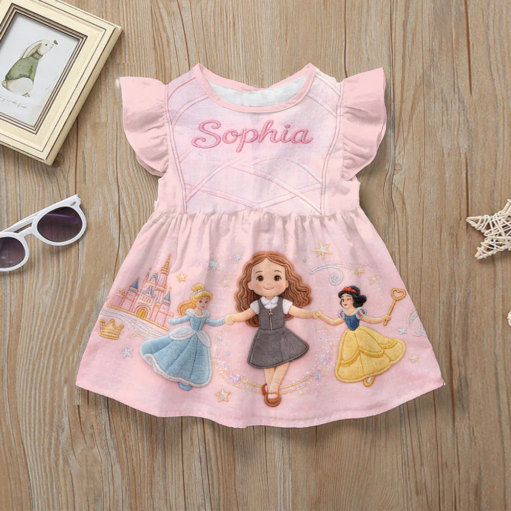 Magical Princess Friends - Personalized Beautiful Princess Kid Ruffle Sleeve Dress