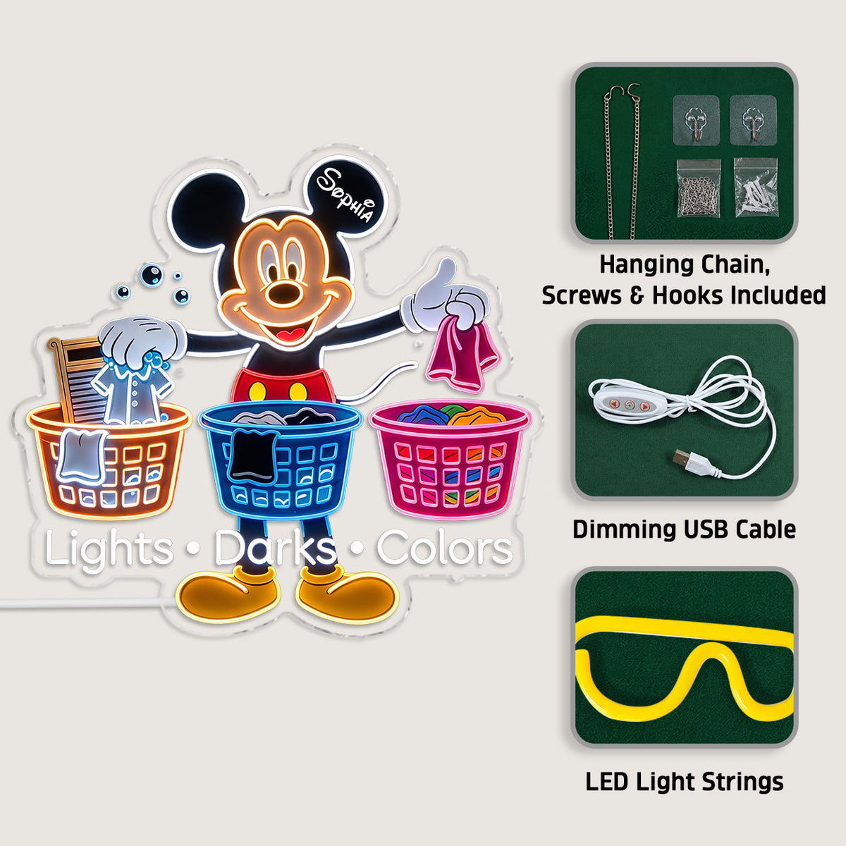 Laundry Decor - Sorting Clothes - Personalized Mouse Neon LED Light Sign
