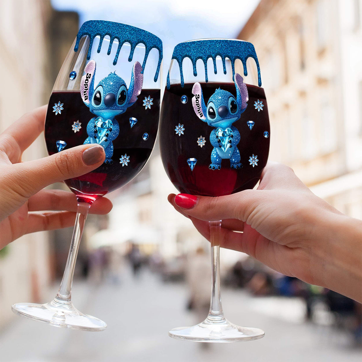 Blue Drip - Personalized Ohana Wine Glass With Long Stem