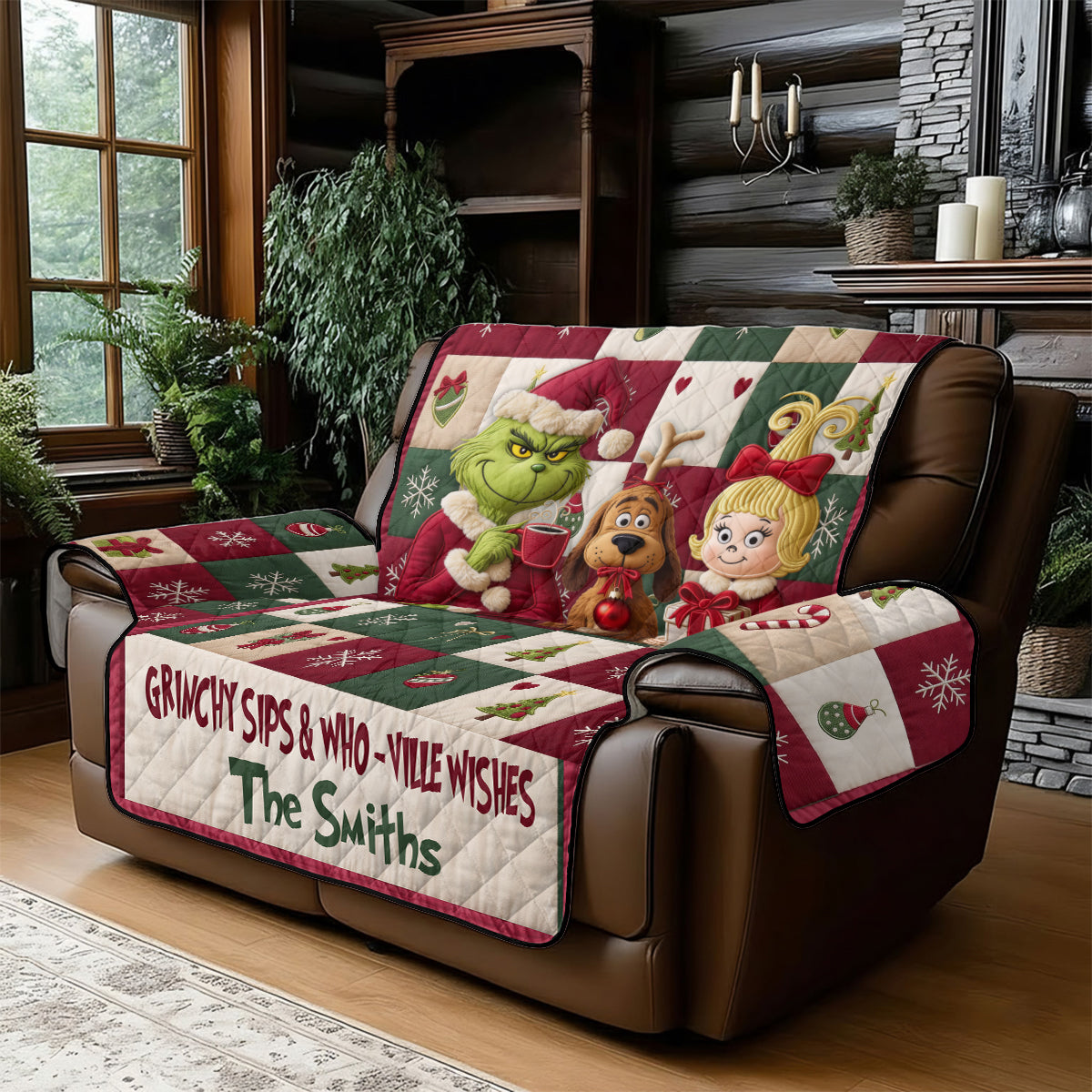 Merry Grinchmas - Personalized Stole Christmas Quilted Sofa/Couch Cover