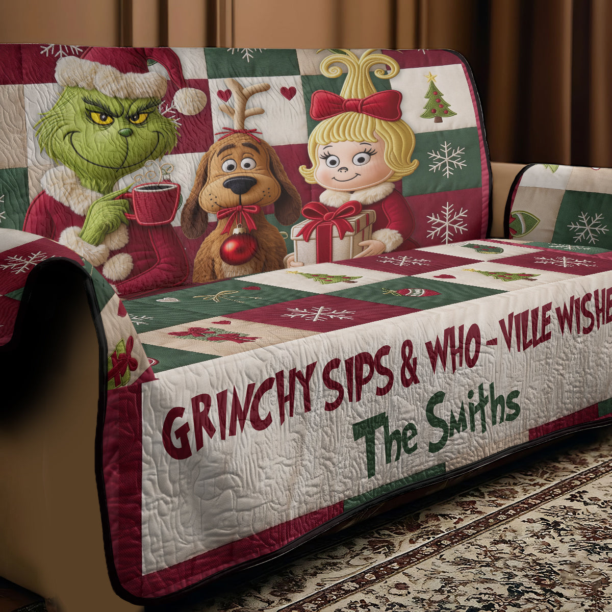 Merry Grinchmas - Personalized Stole Christmas Quilted Sofa/Couch Cover