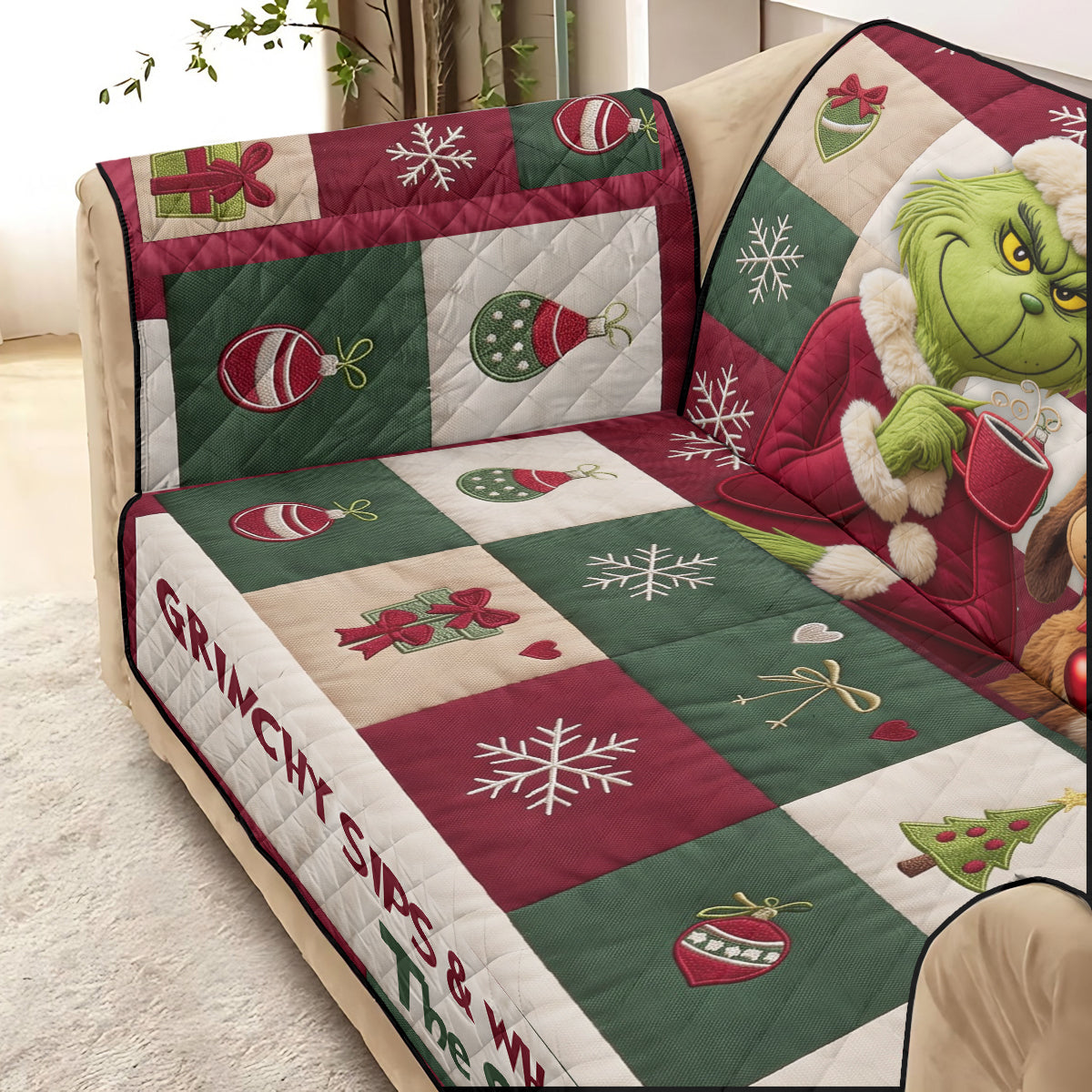 Merry Grinchmas - Personalized Stole Christmas Quilted Sofa/Couch Cover