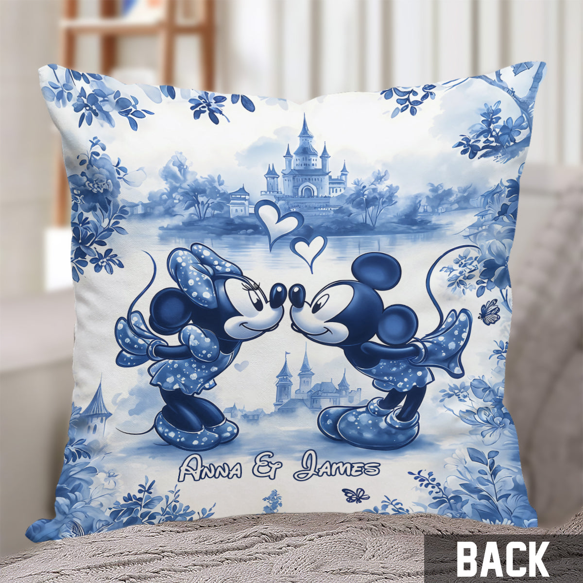 Classic Blue & White Ceramic Mouse Couple - Personalized Mouse Throw Pillow
