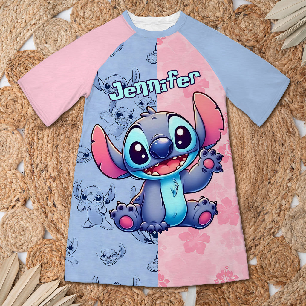 Pink And Blue Ohana - Personalized Ohana Sleep T-shirt Dress