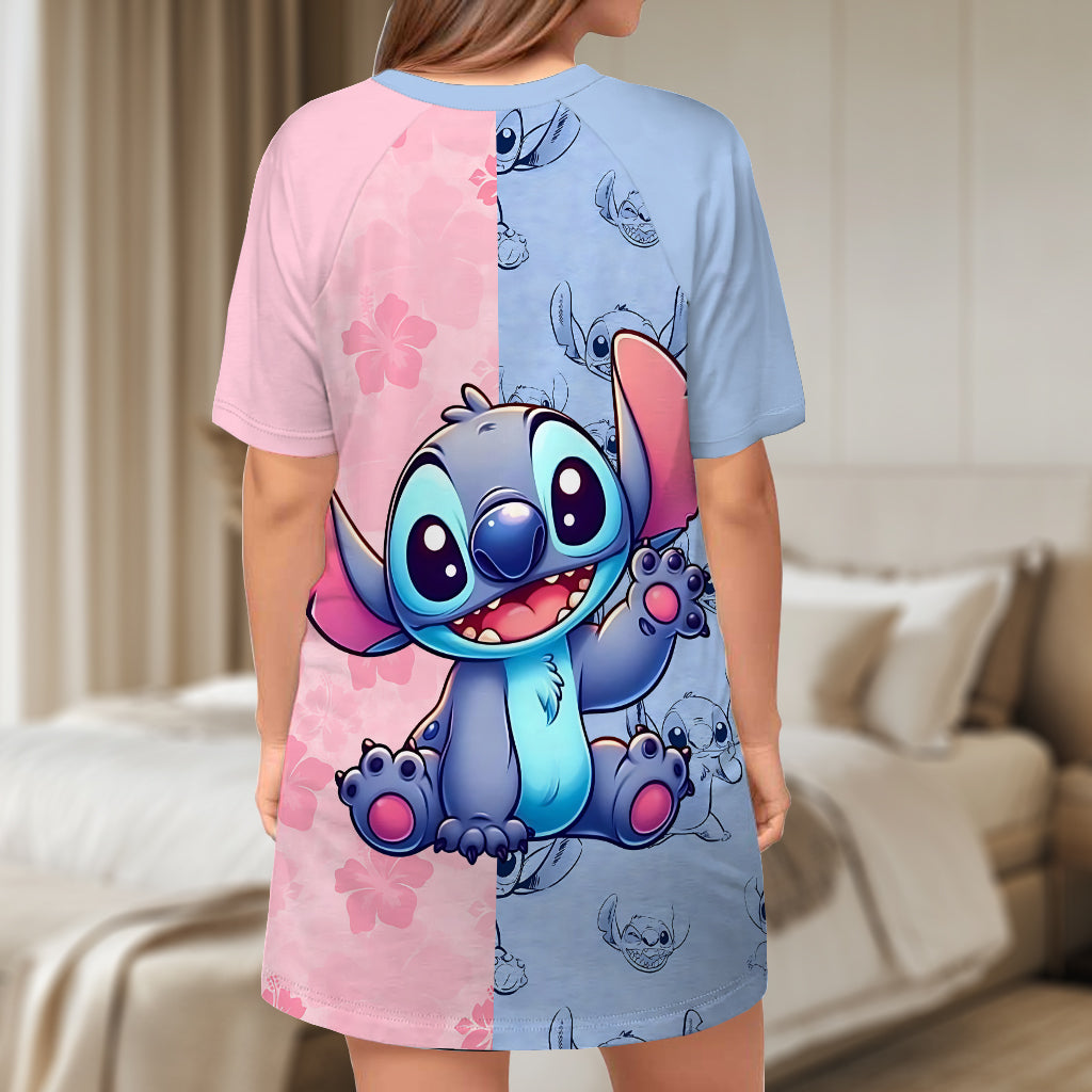 Pink And Blue Ohana - Personalized Ohana Sleep T-shirt Dress