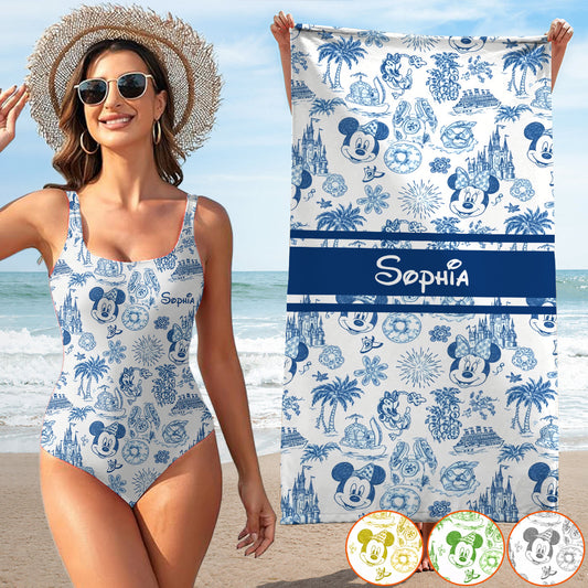 Magical Mouse Ears Pattern - Personalized Mouse Women Swimming Bodysuit & Beach Towel