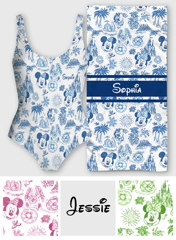 Magical Mouse Ears Pattern - Personalized Mouse Women Swimming Bodysuit & Beach Towel