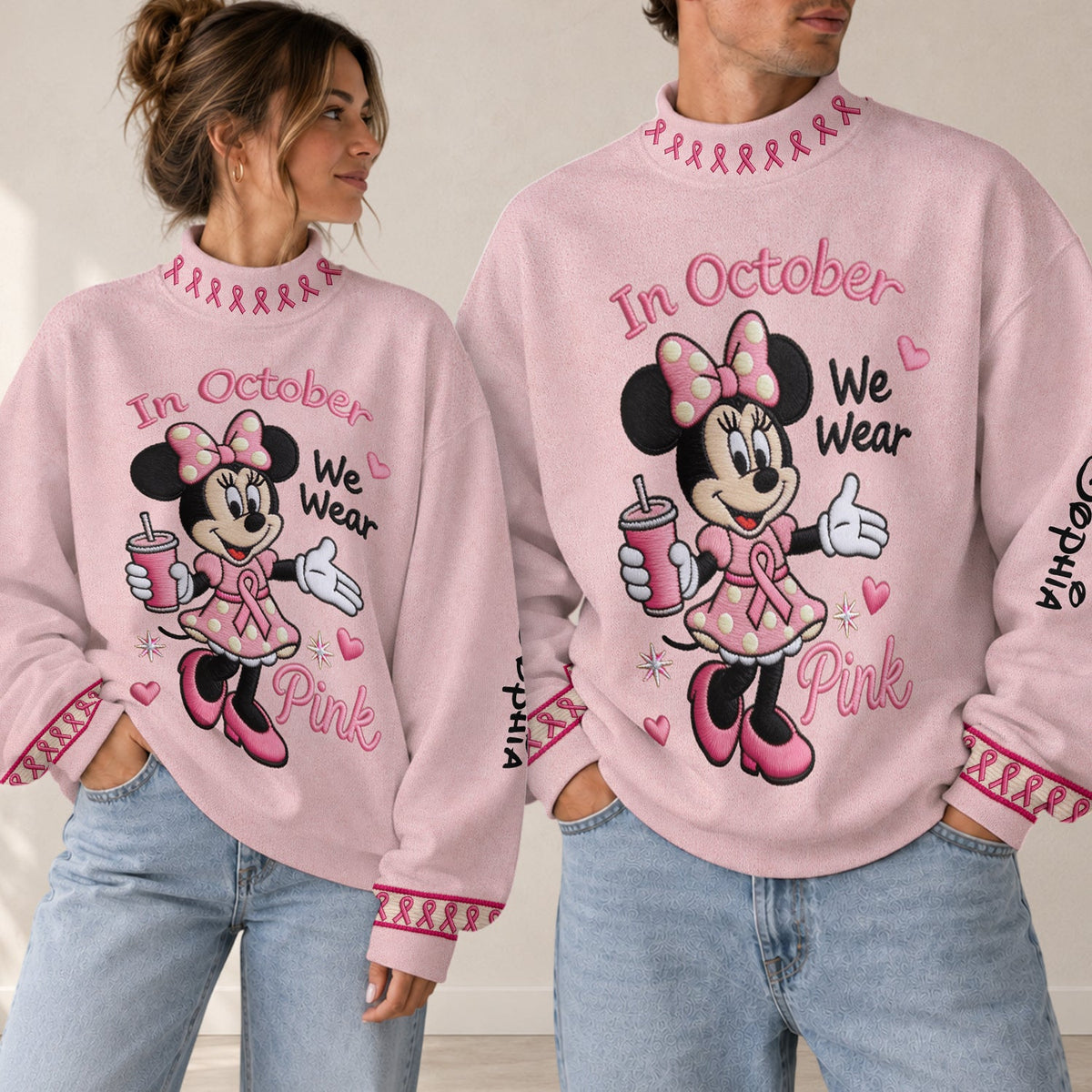 In October We Wear Pink - Personalized Breast Cancer Awareness Mock Neck Sweatshirt