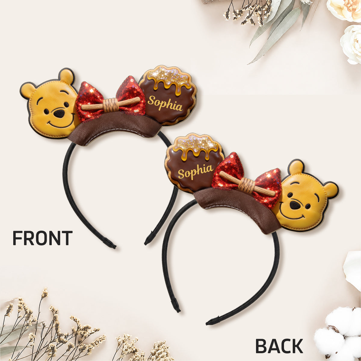 Honey Bear And Friends - Personalized Yellow Bear Shaped Leather Headband