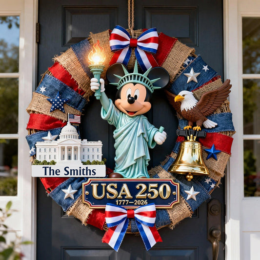 USA Mouse 250th Anniversary Patriotic Wreath - Personalized Mouse Custom Shaped Wood Sign
