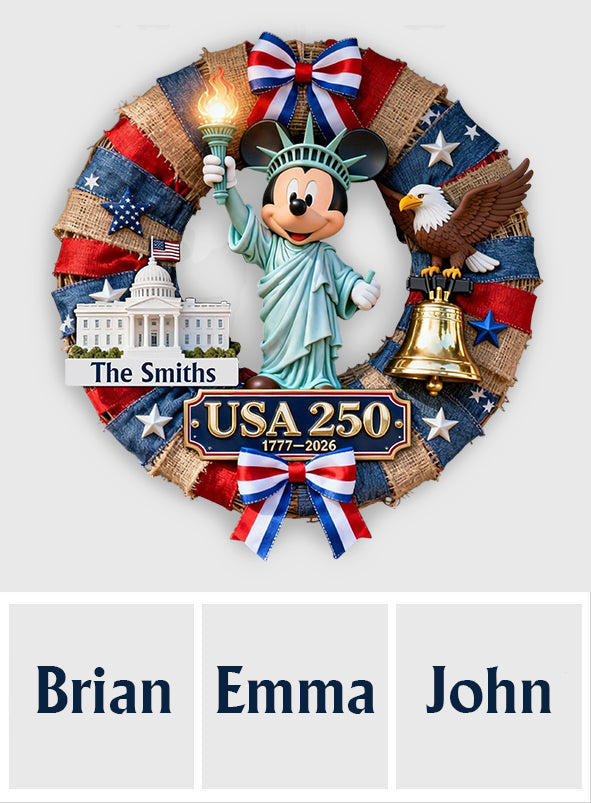 USA Mouse 250th Anniversary Patriotic Wreath - Personalized Mouse Custom Shaped Wood Sign