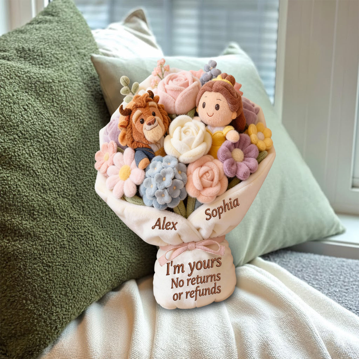 I'm Yours No Returns Or Refunds Bouquet - Personalized Beauty And The Beast Faux Fur Shaped Pillow