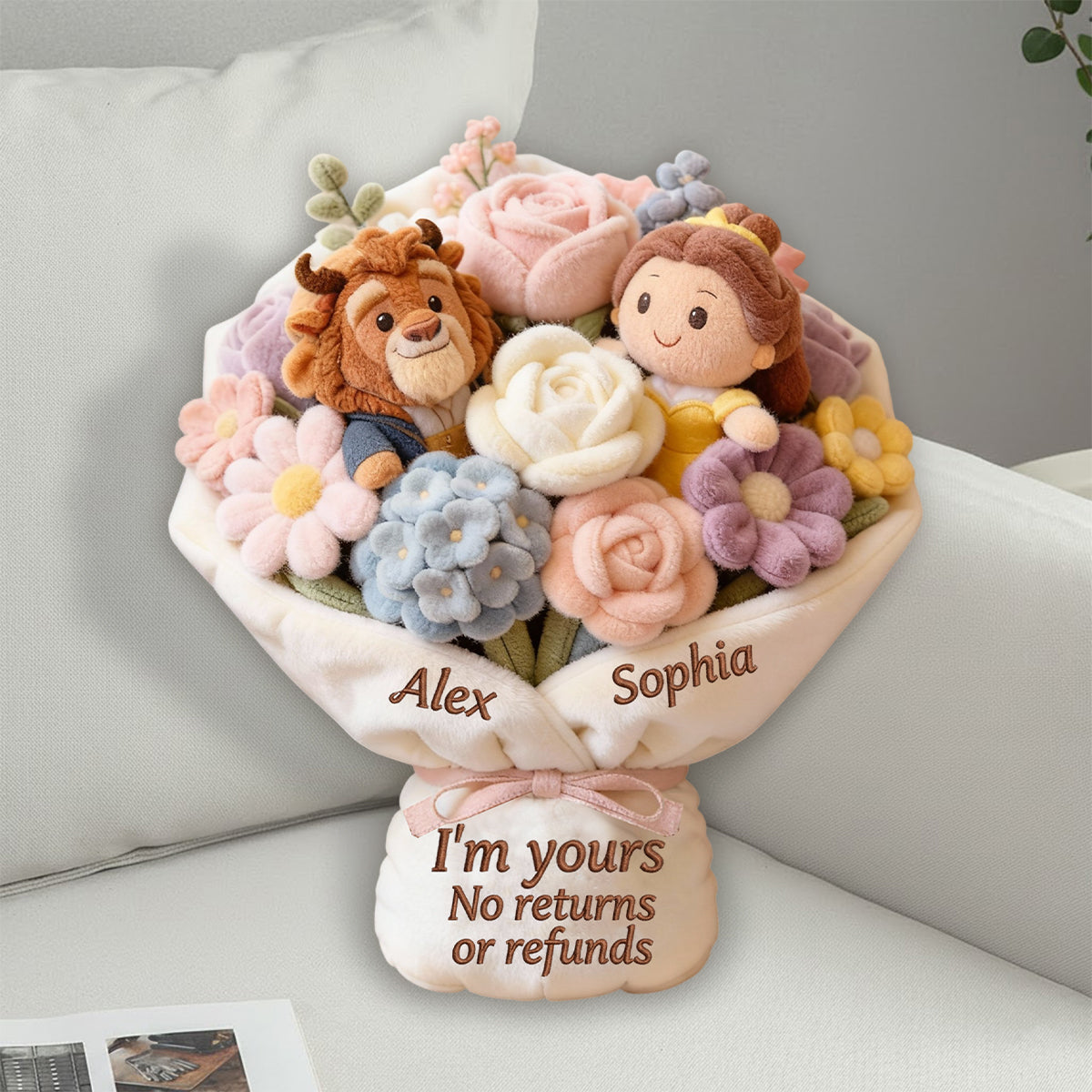 I'm Yours No Returns Or Refunds Bouquet - Personalized Beauty And The Beast Faux Fur Shaped Pillow