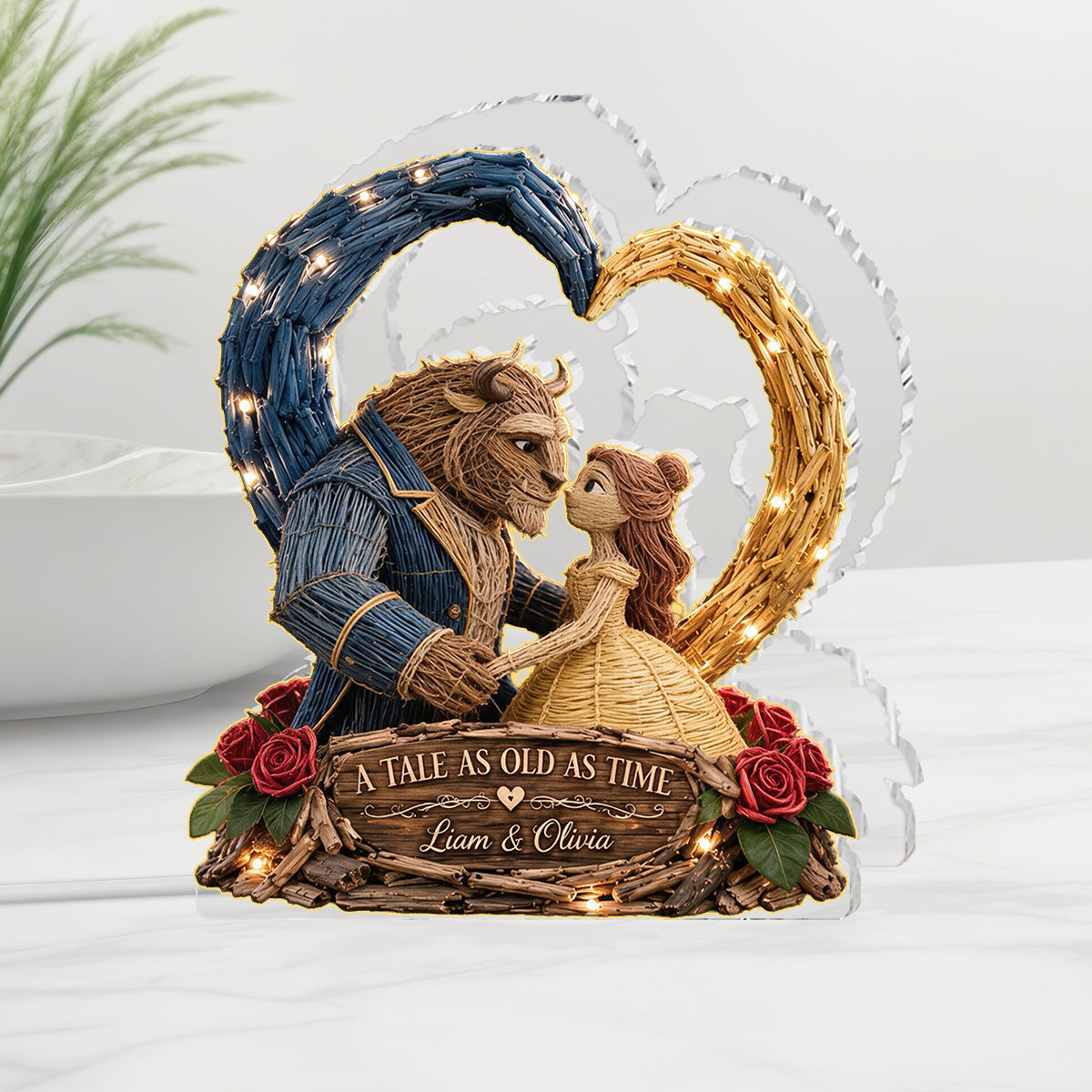 Magic Mouse Couple Heart - Personalized Beauty And The Beast Acrylic LED Night Light