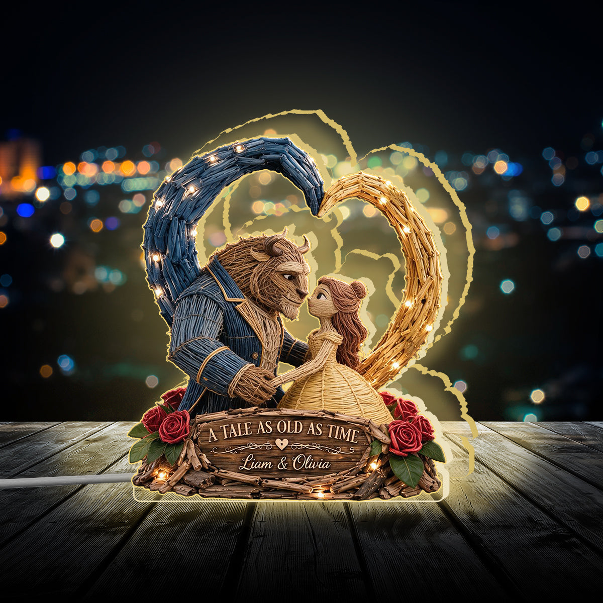 Magic Mouse Couple Heart - Personalized Beauty And The Beast Acrylic LED Night Light