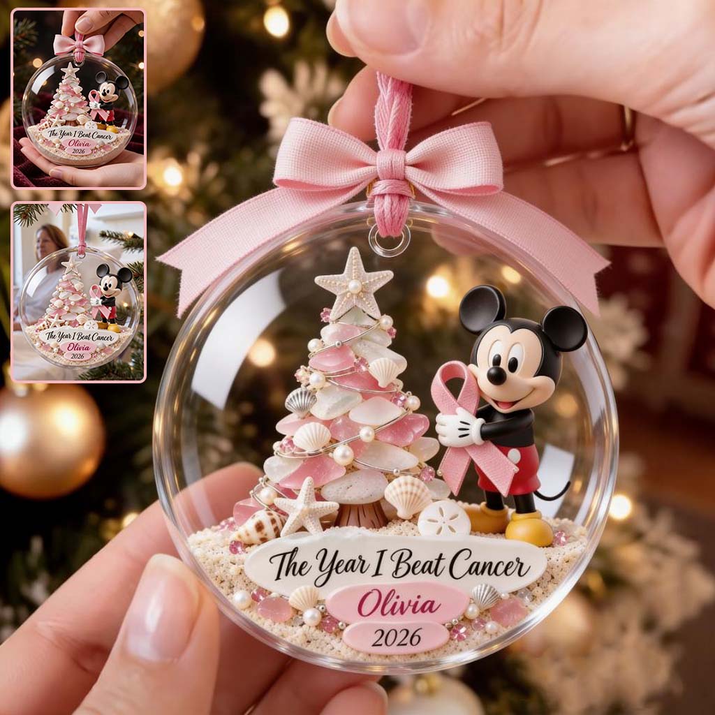 The Year I Beat Cancer - Personalized Breast Cancer Awareness Snow Globe Ornament With Bow