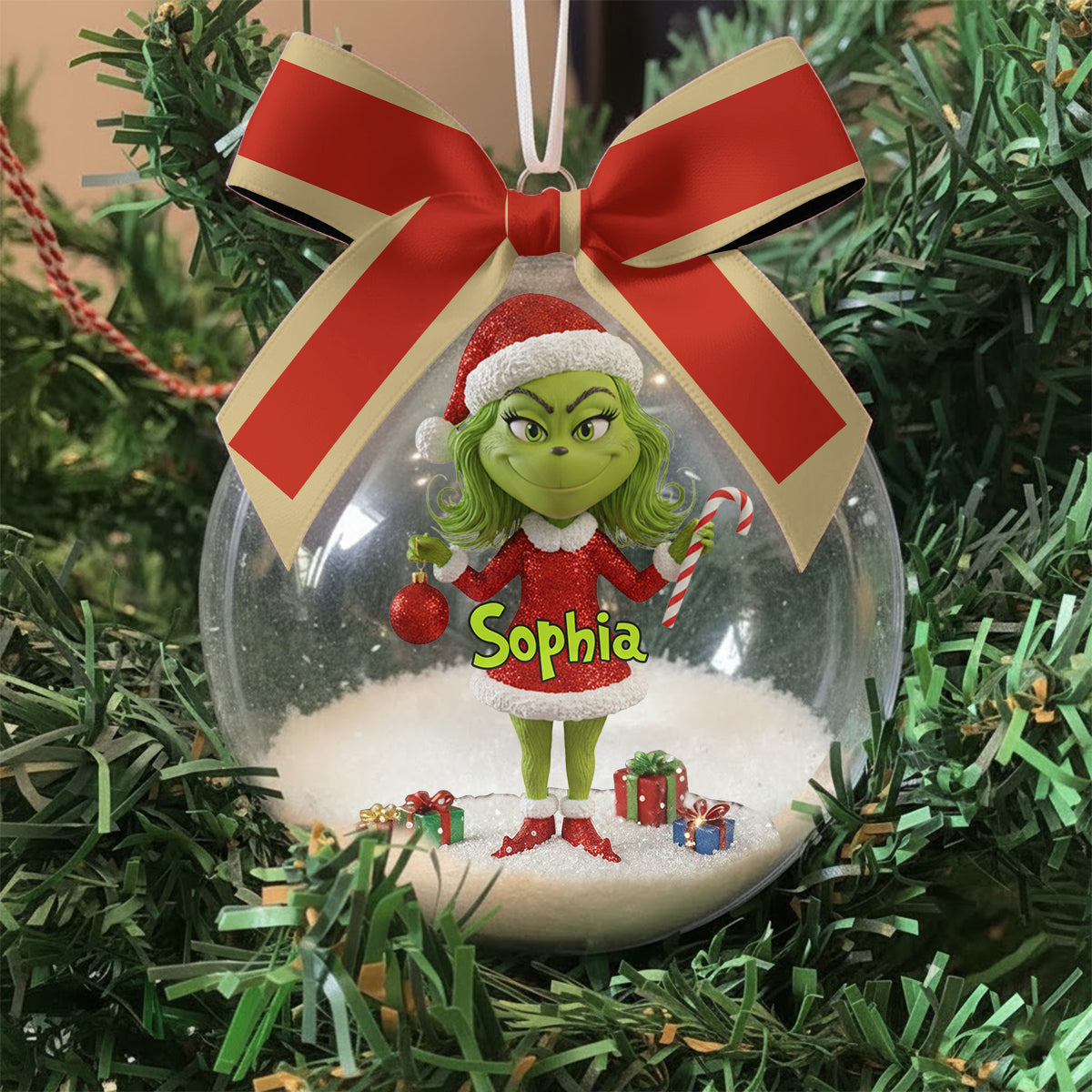 Merry Grinchmas - Personalized Stole Christmas Snow Globe Ornament With Bow