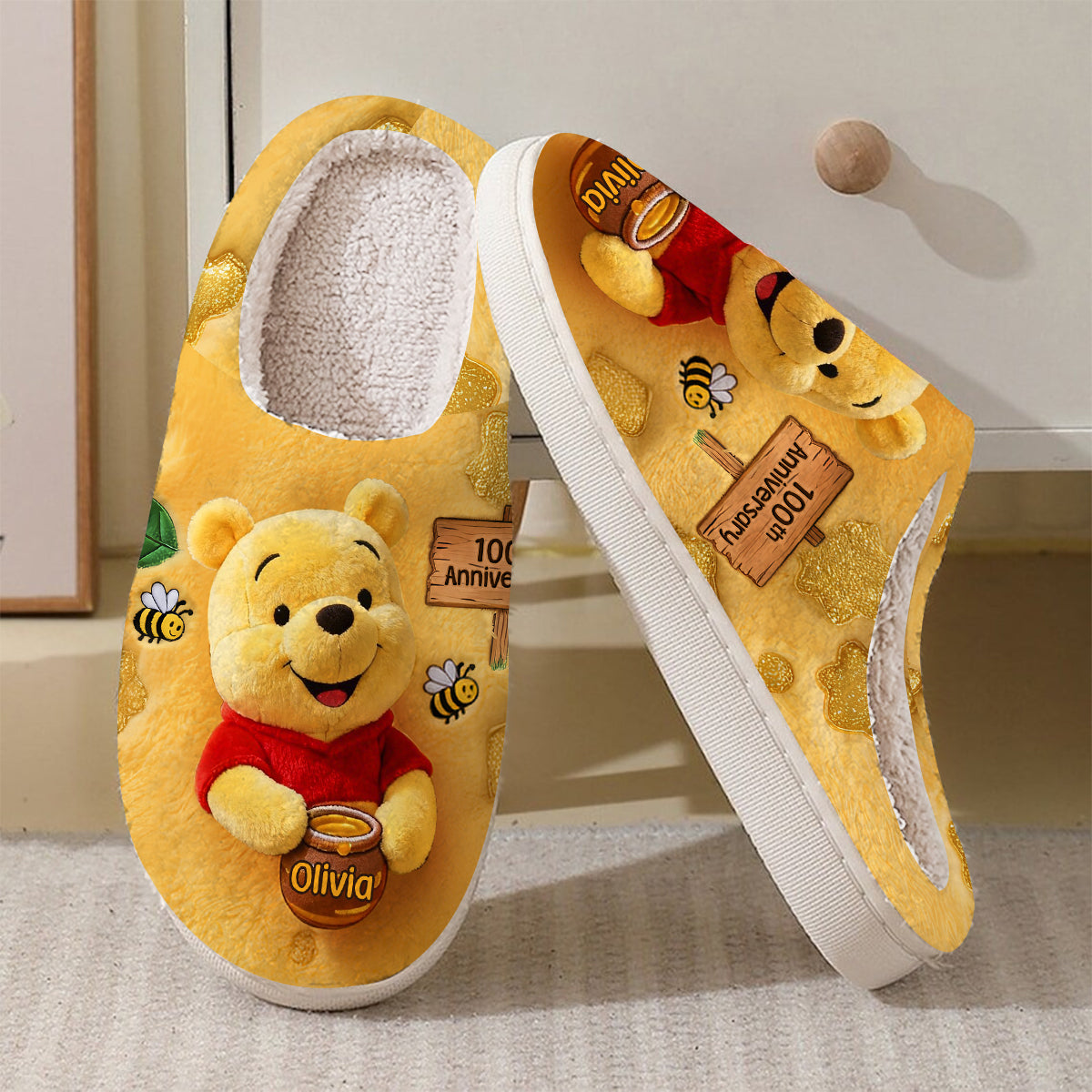 100th Anniversary - Personalized Yellow Bear Slippers