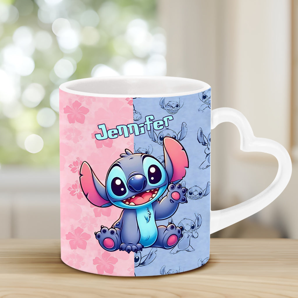 Pink And Blue Ohana - Personalized Ohana Heart Handle Mug