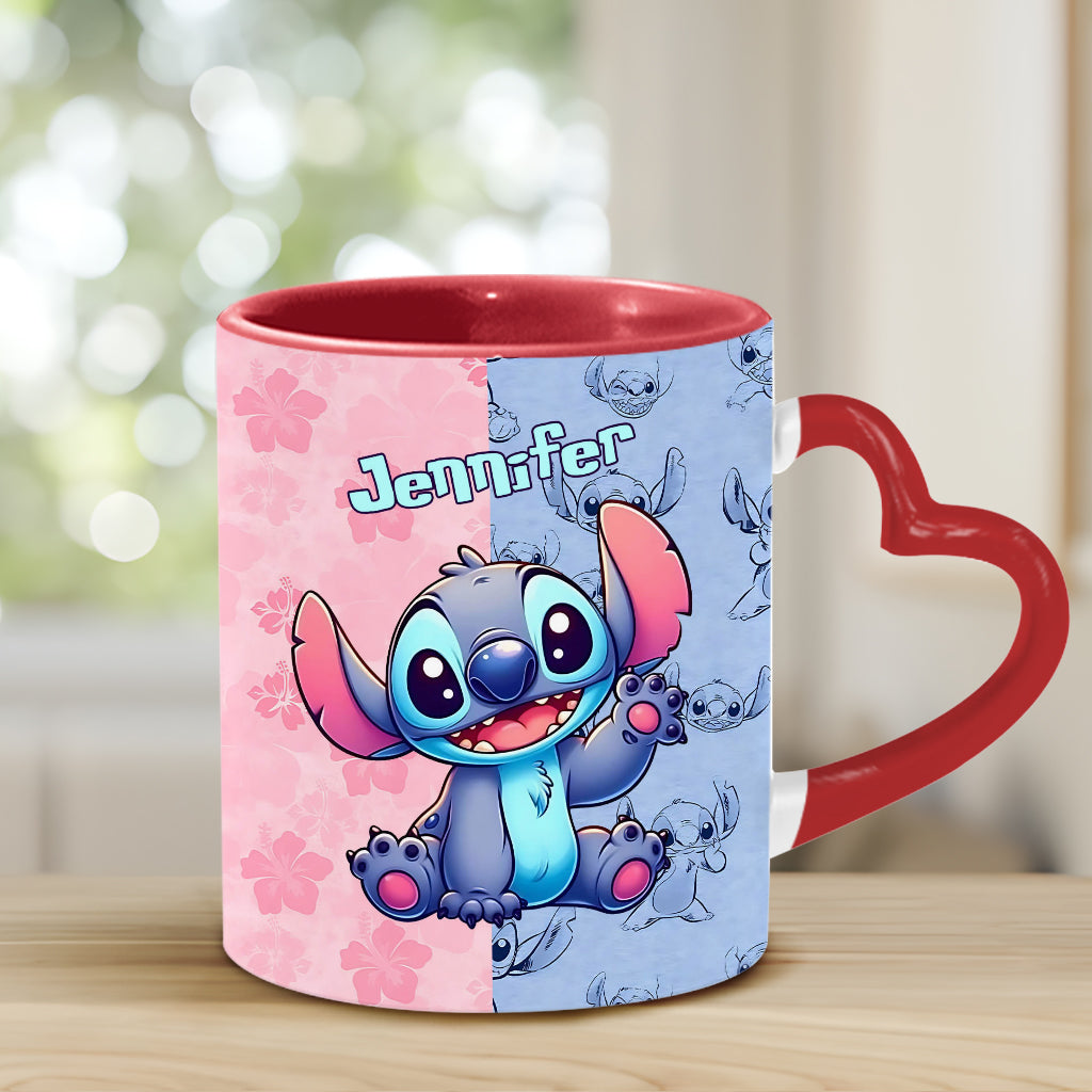 Pink And Blue Ohana - Personalized Ohana Heart Handle Mug