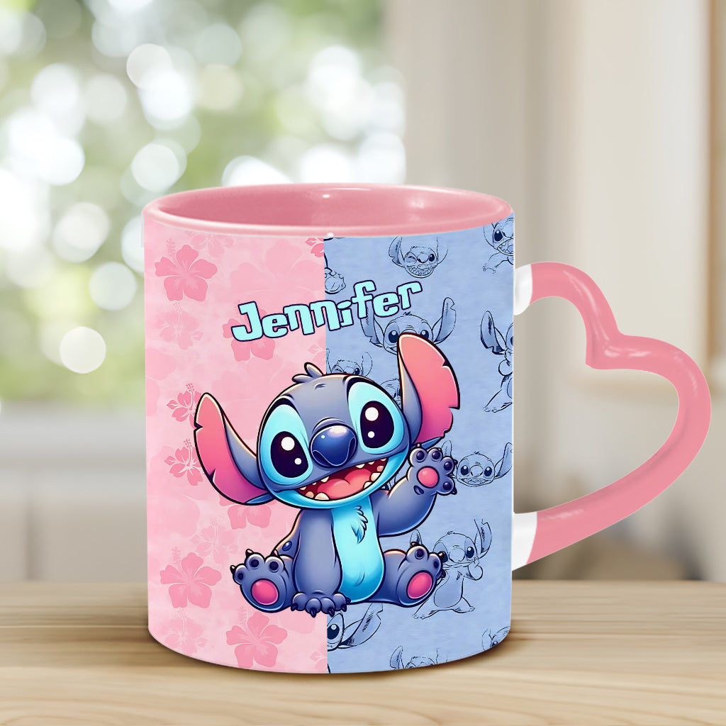 Pink And Blue Ohana - Personalized Ohana Heart Handle Mug