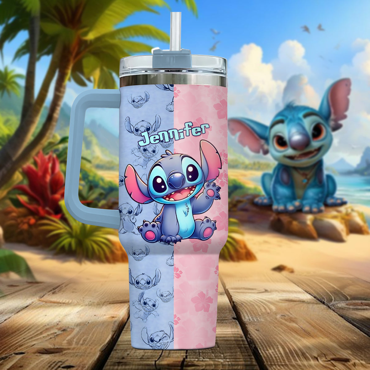 Pink And Blue - Personalized Ohana Tumbler With Handle