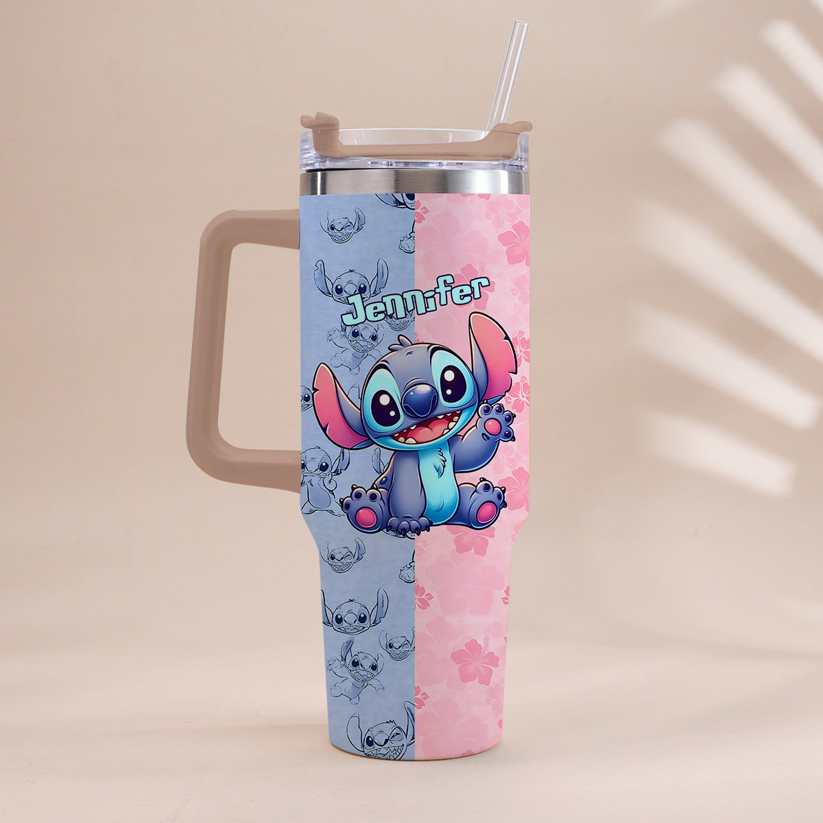 Pink And Blue - Personalized Ohana Tumbler With Handle